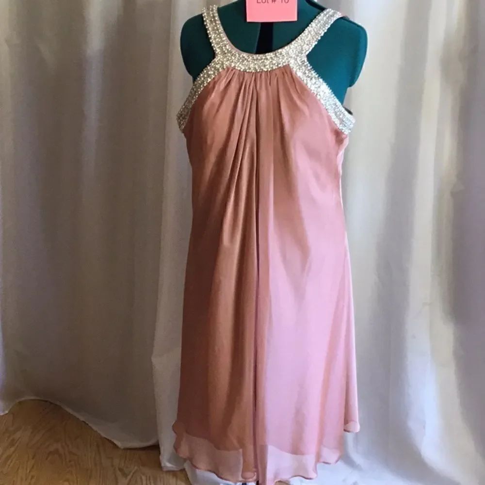 Dusty rose colored sleeveless cocktail dress with beaded & jeweled top size 16